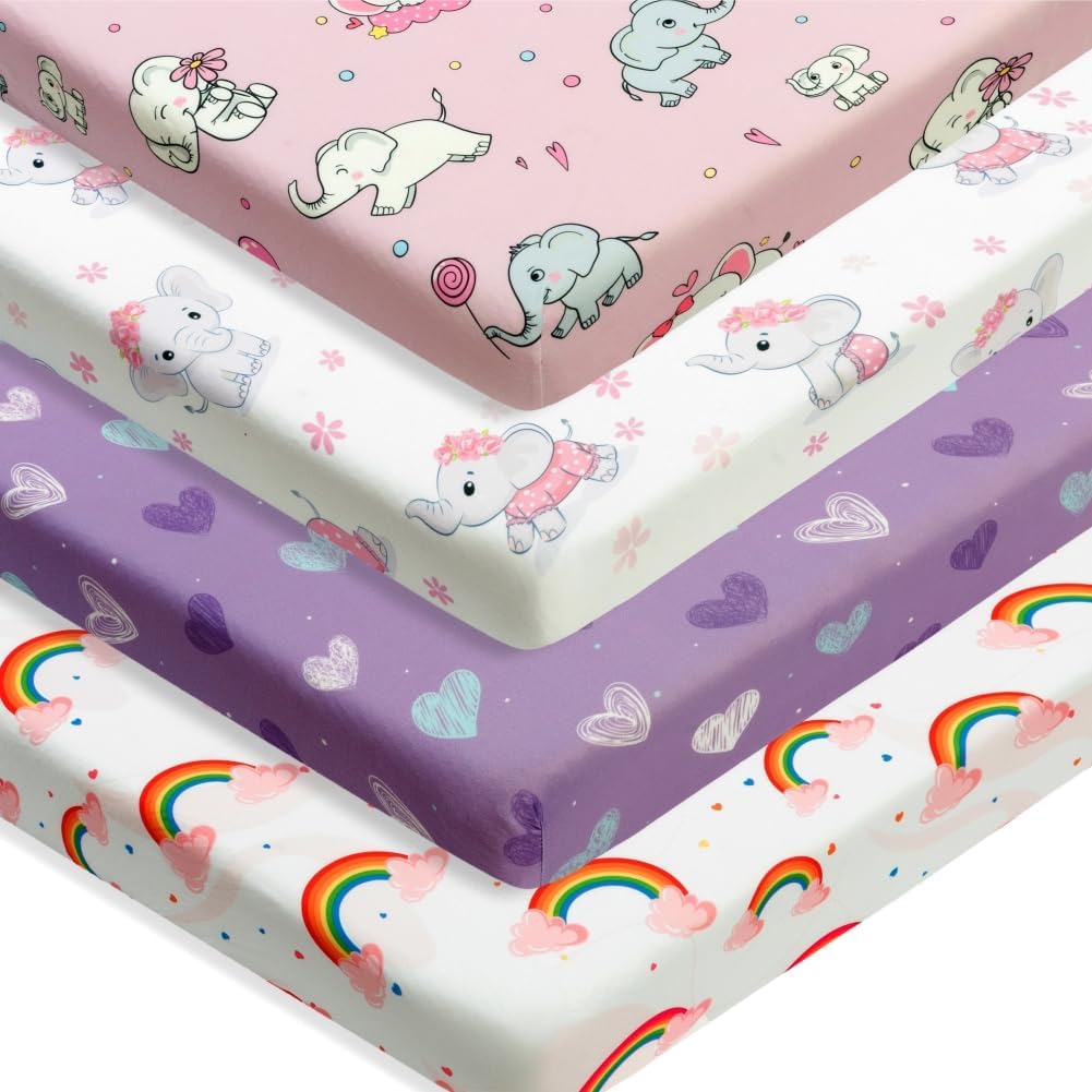 4 Pack Baby Girl Pack N Play Mini Crib Sheets Set Soft Fitted Elephant Theme Baby Girl Mattress Covers Breathable Toddler Bed Sheets for Infant or Newborn(Elephant, Pack N Play Mini Crib Sheets)