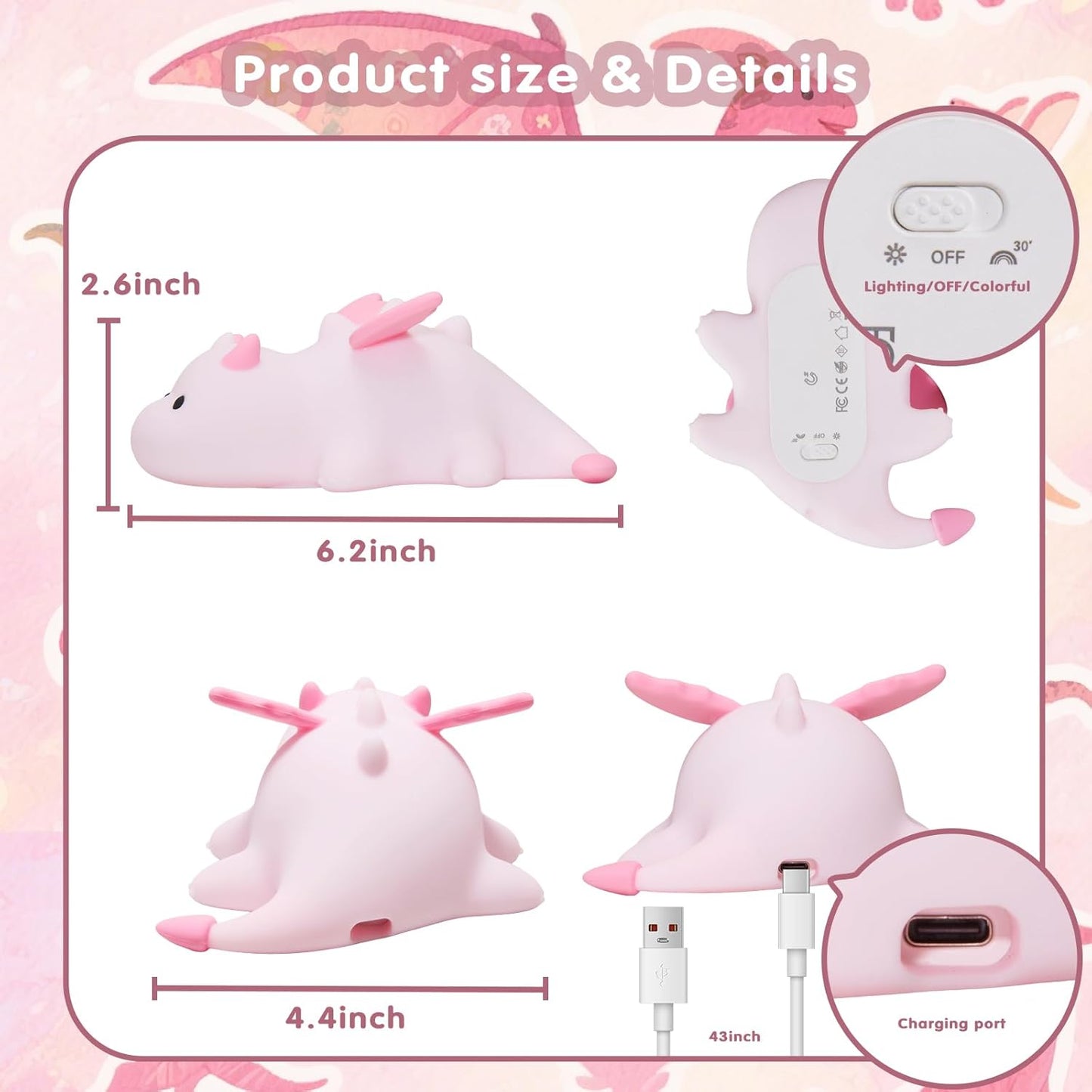 Cute Baby Dragon Kids Night Light for Kids,Cute Soft Silicone Lamp 3 Level Dimmable Changing Rechargeable Breastfeeding Nursery Portable Kawaii Lamps,Bedside Lamp for Baby and Toddler,Boy Girls(Pink)
