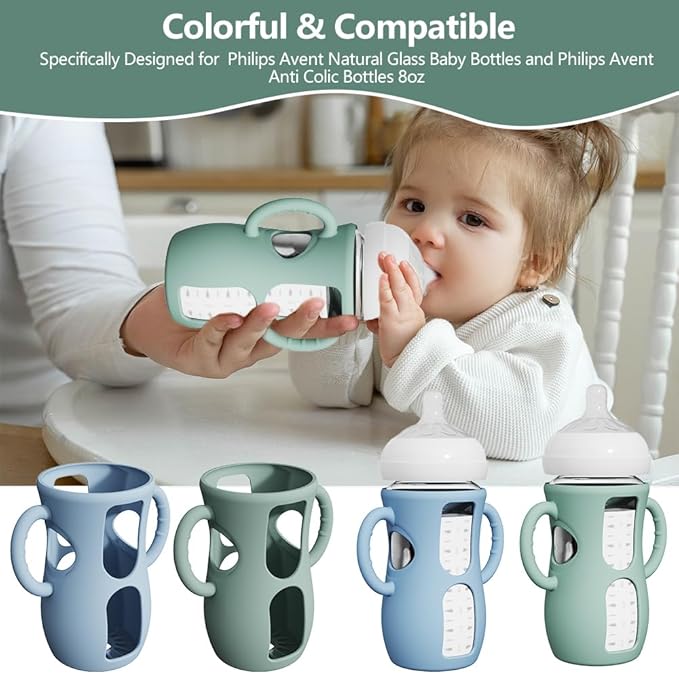 2 Pack Silicone Sleeves for Avent Natural Glass Bottles, Anti Breakage Baby Bottle Protector with Easy-Grip Handle, Compatible Philips Avent Glass Natural Bottle 8 oz, Not for Infant Use
