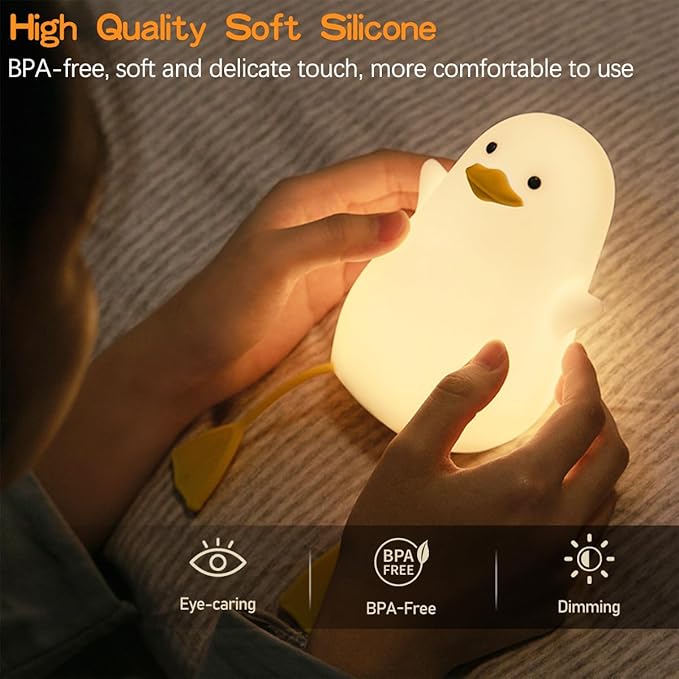 LED Cute Silicone Duck Night Light, Cute Silicone Duck Lamp and Animal NightLight, LED Squishy Animal Light for Sleep, Kawaii Bedside Lamp Room, Rechargeable Bedroom Lamp & Room Gift
