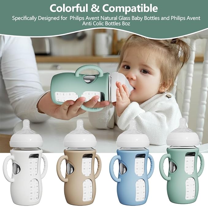 4 Pack Silicone Sleeves for Avent Natural Glass Bottles, Anti Breakage Baby Bottle Protector with Easy-Grip Handle, Compatible Philips Avent Glass Natural Bottle 8 oz, Not for Infant Use