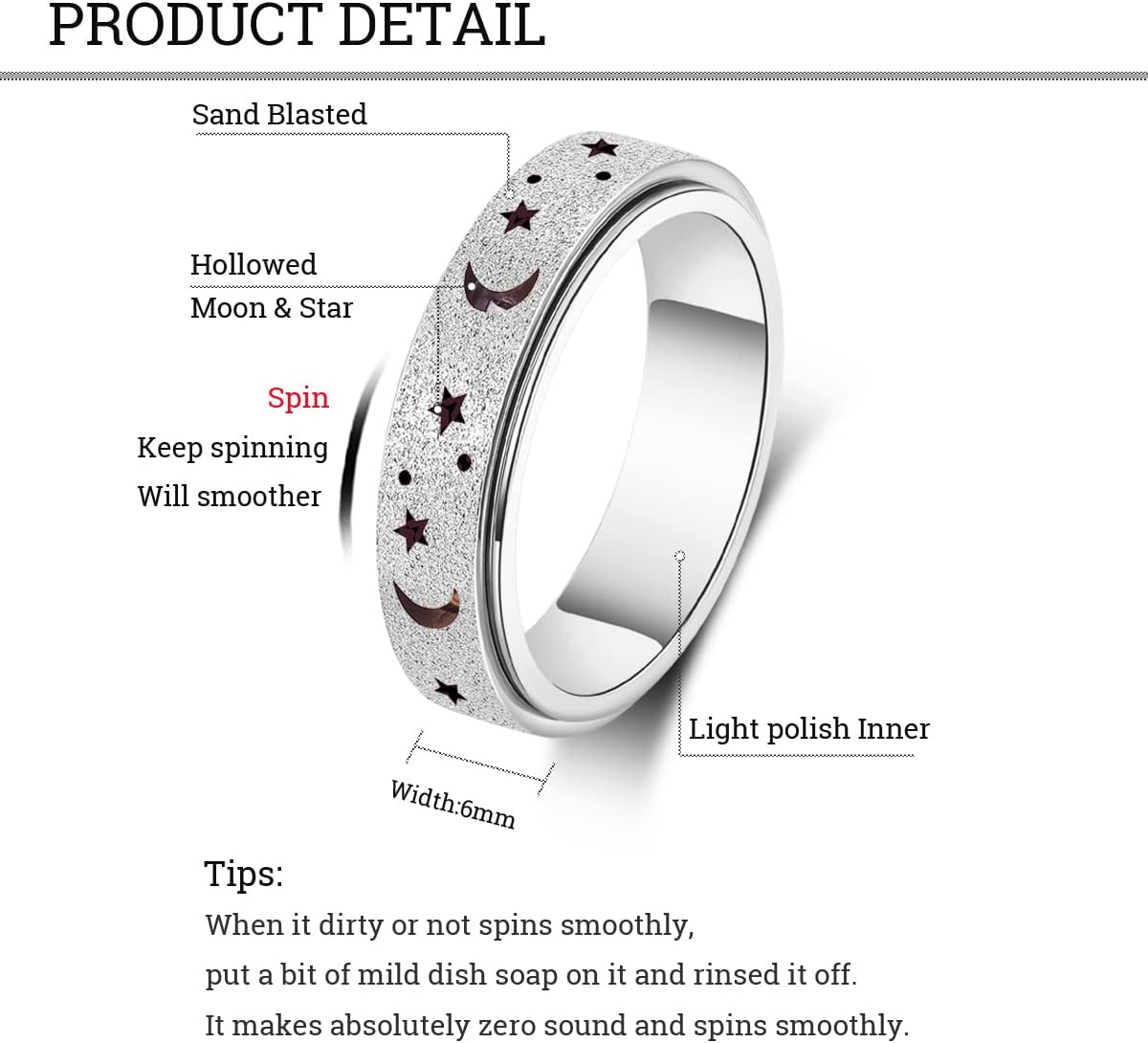 Anxiety Ring for Women Men, Titanium Stainless Steel Spinner Ring, 5 Colors, 6MM, Size 6-10, 3 Styles Anxiety Ring-Moon Star, Sandblasted Finished, Hollow Outer