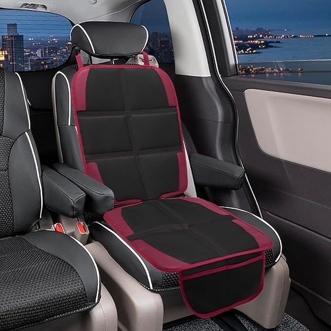 Car Seat Protector for Child, 2 Pack With Mesh Pockets & Non-Slip Backing 600D Durable Under Baby Seat Cover for Back Seat (Burgundy, Standard)