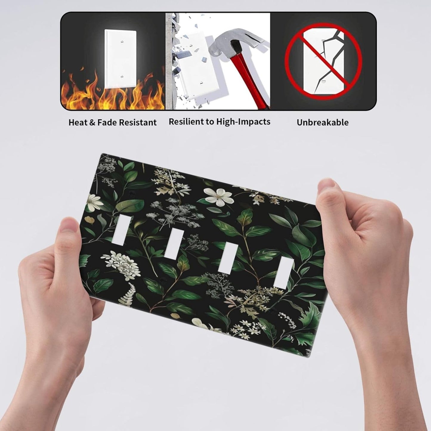 Decorative Switch Covers Plate Rustic Green Leaves White Flower 4 Gang Artistic Wall Plate Unique Quad Toggle Light Switch Plate Jumbo Faceplate for Country Bedroom Home Decor