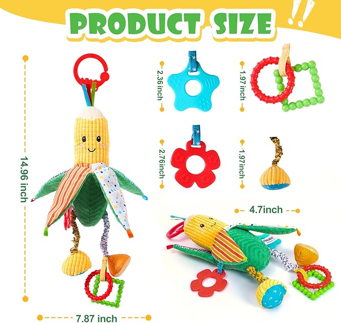 Hanging Rattles Crib & Car Seat Toys for Babies 0-12 Months with Crinkle, Squeaky & Teether, Sensory Corn Soft Stuff Stroller Toys for Newborns, Boys Girls Gifts