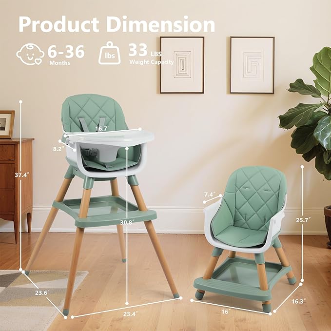 Kinder King 7 in 1 Baby High Chair for Babies and Toddlers with Large Storage Footrest, Booster Seat, Convertible Wooden High Chair with 3-Depth Double Dishwasher Safe Tray, 5 Point Harness, Green