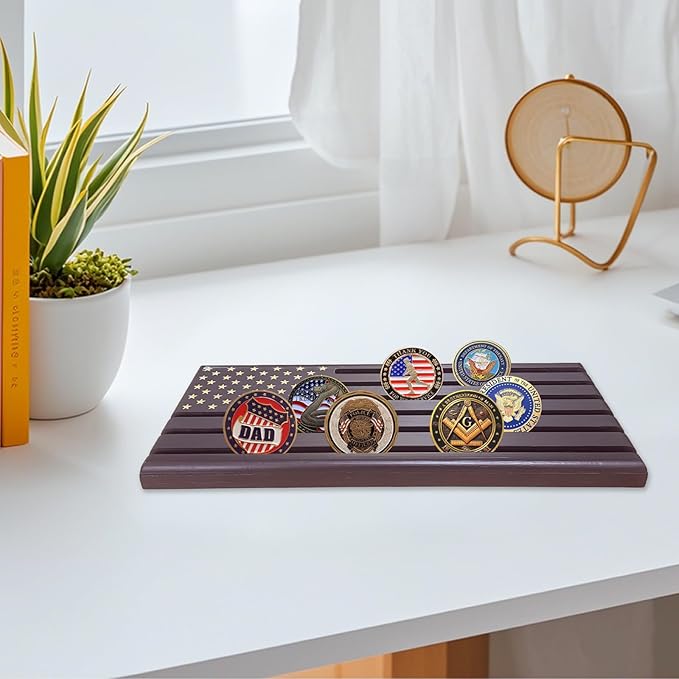6-Row Military Challenge Coin Display Stand - Challenge Coin Holder with Rustic, Coin Holders for Collectors Organize Medals & Memorabilia - Coin Holder for Home, Office, Showcase (Holds 30-36 Coins, American Flag ) (Brown)