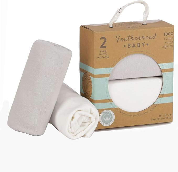 Featherhead™ 2-Pack Fitted Crib Sheets - 100% Cotton - 52" x 28" x 9" for Standard Crib and Toddler Mattress (Bassinet Sheets - White/Grey)