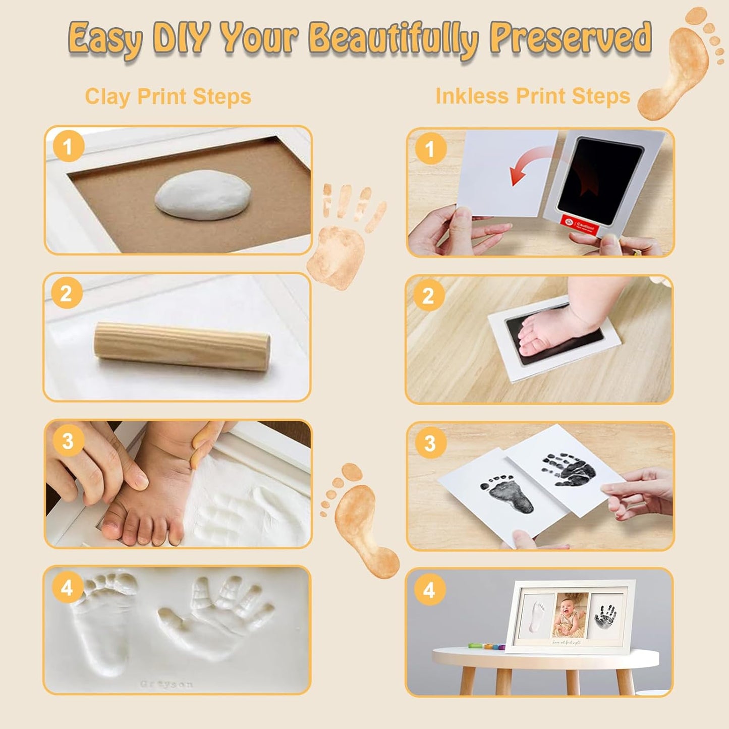 Baby Hand and Footprint Kit Keepsake Nursery Decor Picture Frame for New Mom Baby Boys Girls Shower Gifts Personalized Inkless & Clay Handprint Newborn Essentials Must Haves (White)