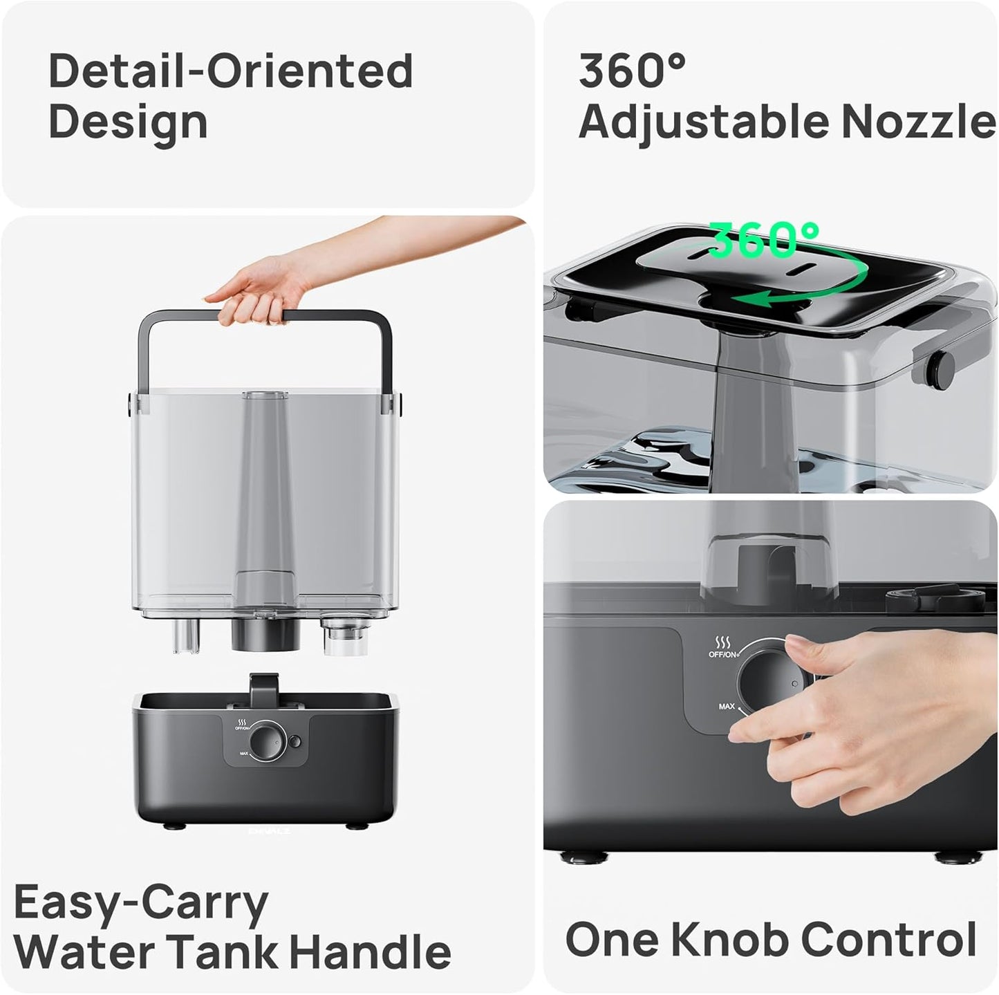 CHIVALZ 6L Humidifiers for Bedroom Large Room Home, Cool Mist Top Fill Humidifiers for Baby Nursery and Plants, 26dB Quiet, Nightlight, Up to 50 Hours, Oil Diffuser 1 Pack + 2 Mist Outlets Black