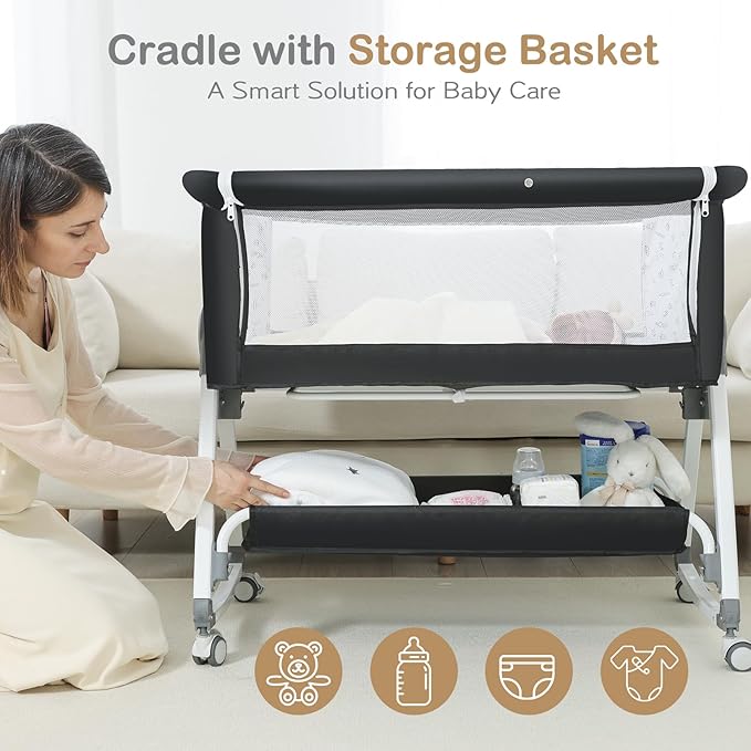 Baby Bassinet, Bedside Bassinet for Baby, 4 in 1 Bassinet Bedside Sleeper with Locked Wheels, Mosquito Net, Adjustable Easy Folding Portable Crib for Infant Newborn, Dark Grey