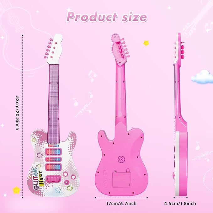 Kids Pink Guitar Toy for 3 Year Old Girls Birthday Gift Toddler Toy Ages 2-4 Electric Guitars with 4 Strings Light Up Music Toys for 3 4 5 Year Old Boys Girls Gifts