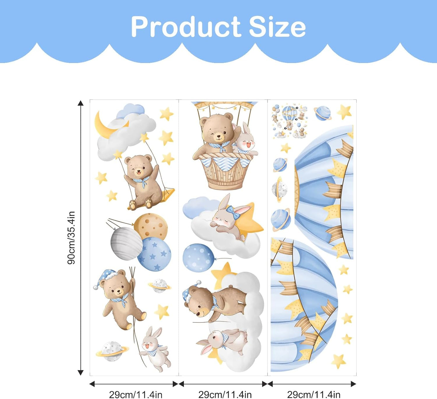 Tanlaby Blue Hot Air Balloon Wall Stickers Cartoon Bear Rabbit Stars Planets Wall Decals Peel and Stick Art Decor for Nursery Kids Bedroom Playroom Daycare Classroom