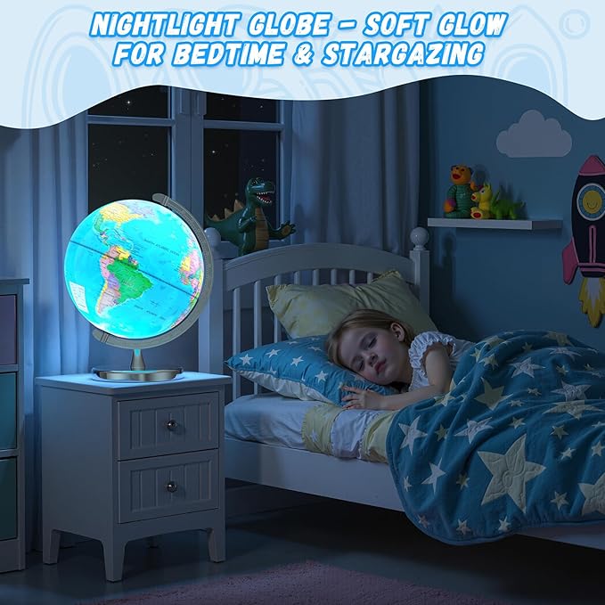 12" Illuminated World Globe for Children & Adults, Globe Lamp with World Map for Kids, Stable Heavy Metal Base, Interactive STEM Learning Gift & Night Light