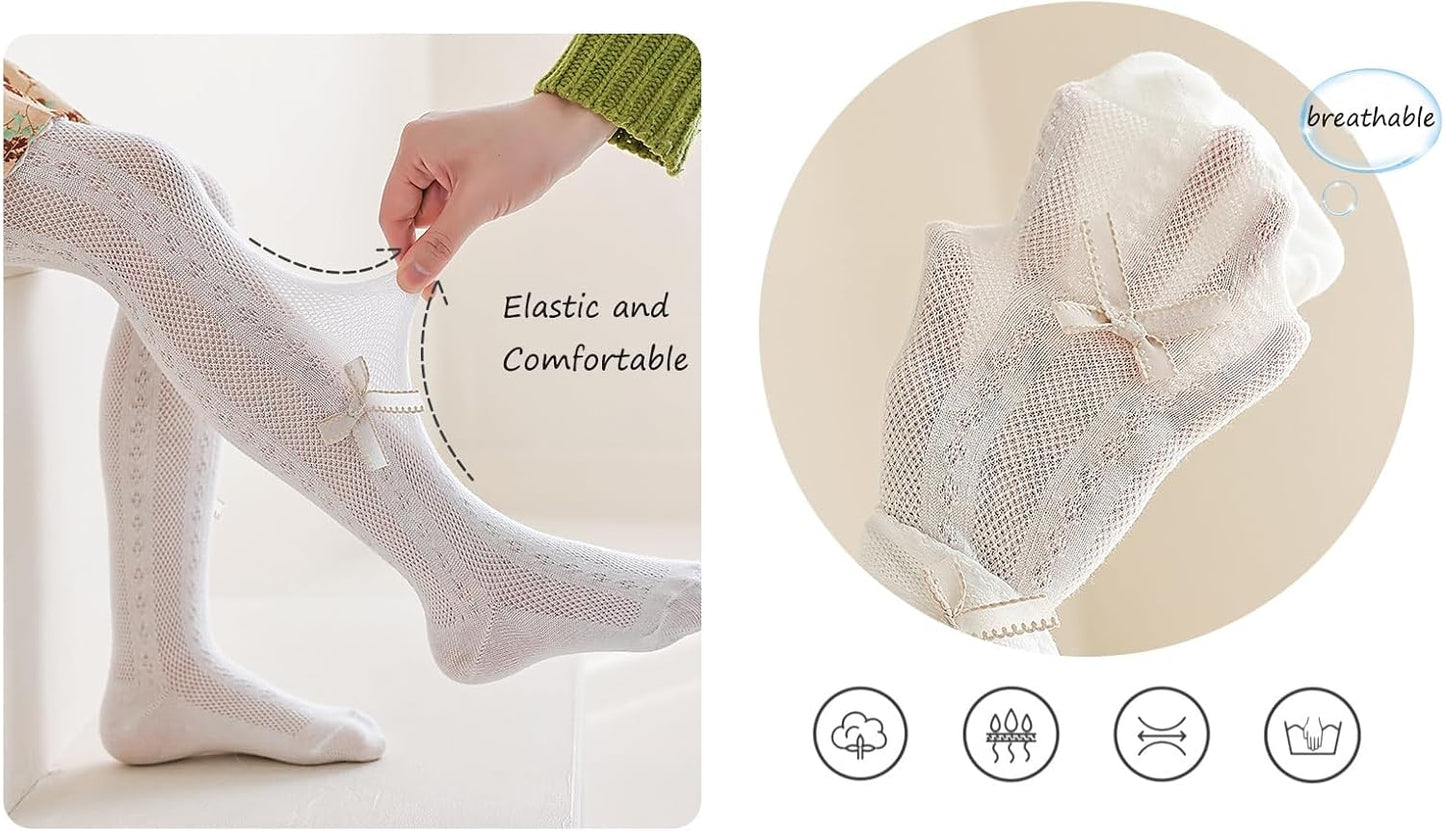 CHUNG Baby Girls Cotton Tights Thin Hollowed Summer with Bowknot Mesh Lace Fashion Toddler Footed Legging Pantyhose