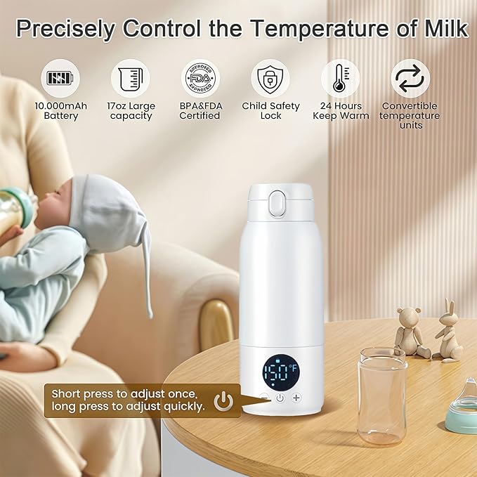 Portable Bottle Warmer for Travel–17oz Large Capacity,30W Fast Charging,Fast Heating for Breast Milk,Formula&Water–Travel Bottle Warmer for Baby,Perfect for Outdoor,Car& On-The-Go Use