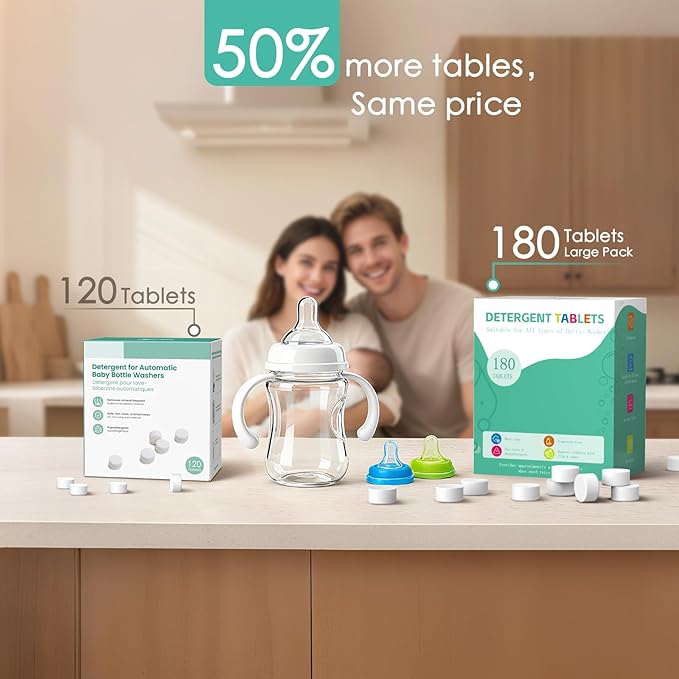 Baby Bottle Washer Detergent Tablets for Momcozy Pro, Baby Brezza, Bottle Cleaner Washers Sterilizers & Dryers, Baby-Safe Natural Formula, Professional Cleaning Power for Bottles & Nipples, 180PCS