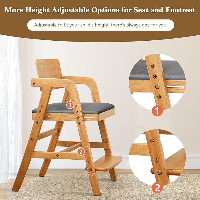 Solid Wood High Chair for Toddlers to Teens, Adjustable Height Toddler Dining Chair, Easy to Clean Toddler Highchair with Removable PU Cushion for Dining, Studying, Step Tool, Natural
