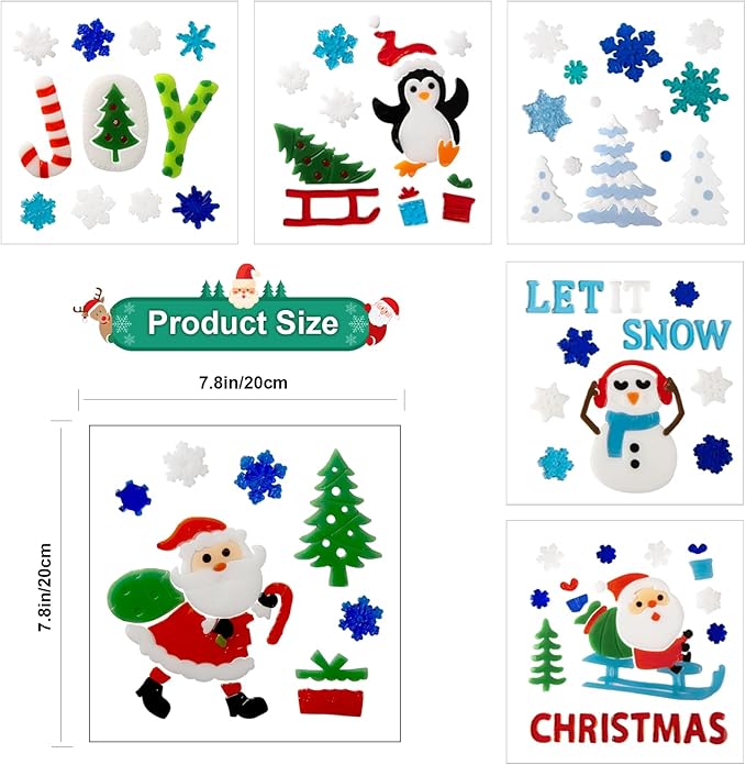 Christmas Window Clings Gel - 6 Sheets of Snowman, Blue Snowflakes, Penguin and Santa Claus, Winter & Holiday Designs for Glass Windows