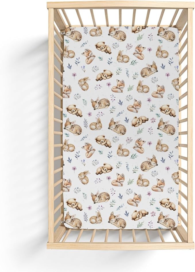 Sleeping Spring Animals Baby Crib Sheets Boy Girl 28"x52" Bear Deer Bunny Floral Leaves Soft Snug Fitted Crib Mattress Cover Cute Animals Baby Sheet for Standard Crib & Toddler Mattress