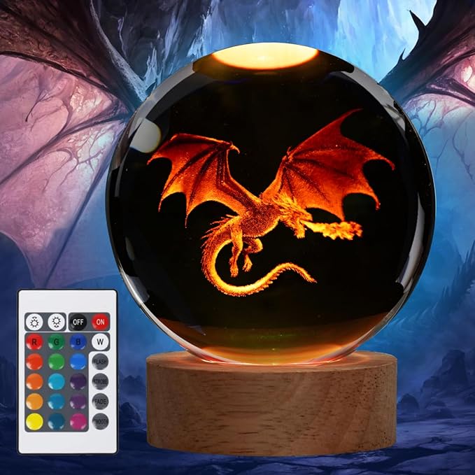 Dragon Night Light, 3.15 Inch (80mm) K9 Crystal 3D Lamp with Remote 16 Color for Birthday Xmas Cool Figurines Dragon Gifts for Room Decor Boys Girls