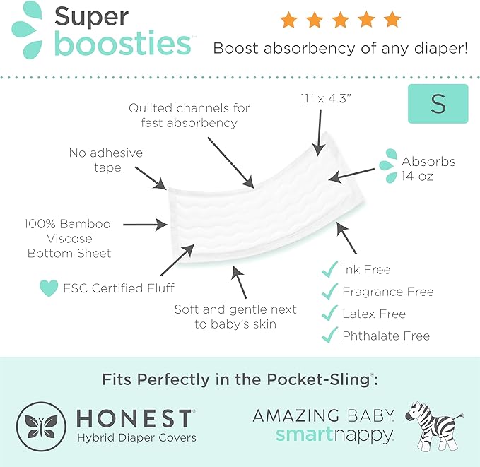 Super Boosties 96ct + Honest Hybrid Cloth Diaper Cover with Pocket-Sling, Small (8-15 lbs), Stops Nighttime Leaks, Boosties Disposable Diaper Inserts, Honest Cotton Muslin Covers, 3 Pack