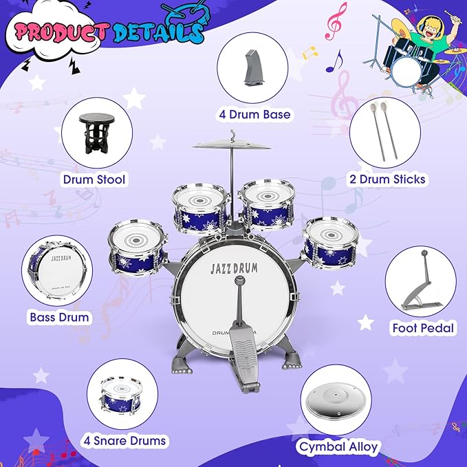 Upgraded Drum Set for Kids 3-5 Toddler Toy Ages 2-4 Jazz Drums Kit with Stool Musical Instrument Toys for 3 4 5 Year Old Girls Boys Gifts