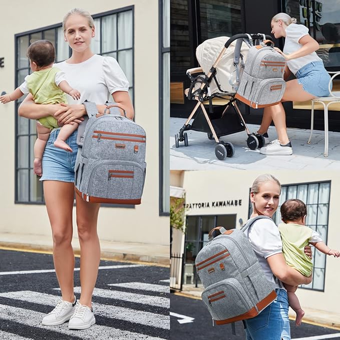 Diaper Bag Backpack, Large Baby Nappy Bags with Portable Changing Pad for Boys and GirlsMultifunction Travel Baby Bag for Moms Dads, Shower Gifts Waterproof and Stylish,Grey