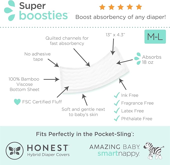 Super Boosties 90ct + Honest Hybrid Cloth Diaper Cover with Pocket-Sling, Large (22-40 lbs), Stops Nighttime Leaks, Boosties Disposable Diaper Inserts, Honest Cotton Muslin Covers, 3 Pack
