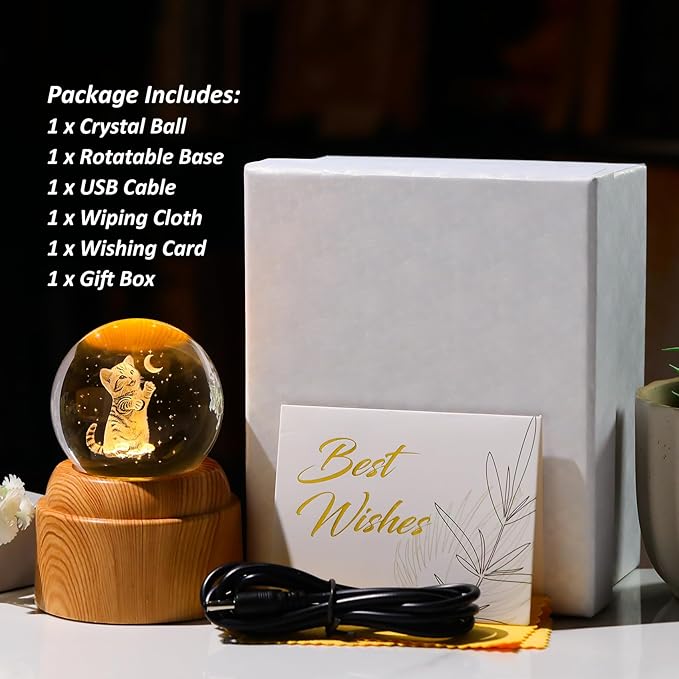 3D Cat Crystal Ball 2.36“ Engraved with Rotated Wood Base, Cat Lover Gifts for Women Girls Mothers Day Birthday Cats Decorative Globe Decor (Gifted Box)