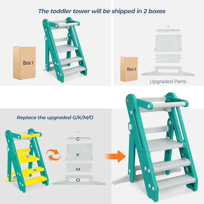 Onasti Toddler Tower Kitchen Stool Helper, Foldable & Adjustable Height Kids Learning Stool for Kitchen Counter Bathroom Sink, Child Ladder for Toddlers with Handles, Safty Rail, Non-Slip Pads - Green