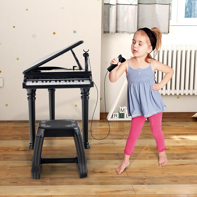 HONEY JOY Classical Kids Piano, 31-Key Toy Mini Grand Piano with Music Stand & Stool, Portable Electronic Piano Educational Musical Instrument Toy w/ Microphone, Lights, Gift for Kids (Black, 31 Keys)