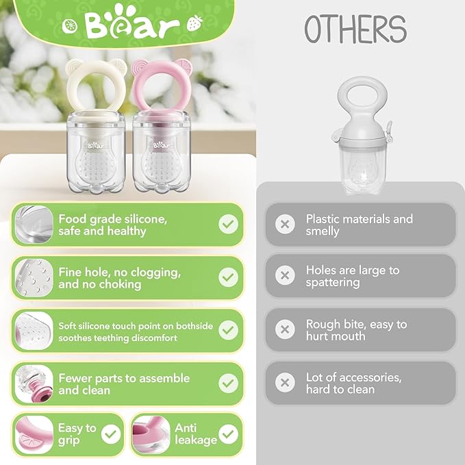 Bear Baby Fruit Food Feeder & Mini Freezer Nibble Tray Combo, 2 Pack Breastmilk Popsicle Molds for Baby Teething Relief, BPA Free Silicone Feeder for Safe Infant Self Feeding, Dishwasher Safe