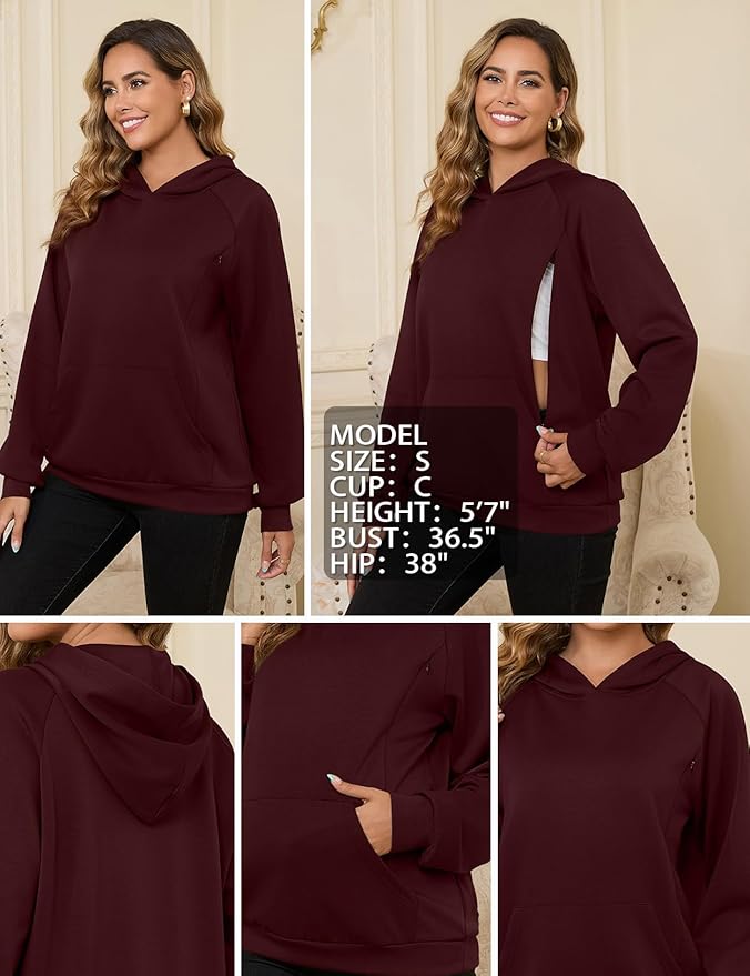 Bhome Nursing Sweatshirt Hoodie for Breastfeeding with Hidden Zippers Maternity Breast Pumping Tops Kangaroo Pocket