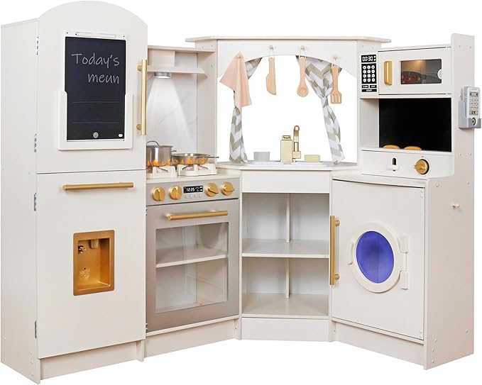 Large Wooden Corner Play Kitchen Sets with Ice Maker,Water Dispenser,Bread Maker,Washing Machine,Electronic Display,Toy Sink with Running Water,Stove with Light&Sounds, Birthday Gift for 3+Boys Girl