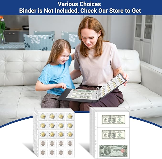 1200 Pockets Acid Free Coin Sleeves, Fit for Coin Flips 2x2 inch, 60 Pack 3 Ring Binder Sleeves Clear Plastic Stamp Collecting Supplies, Non Stick and Non Glare