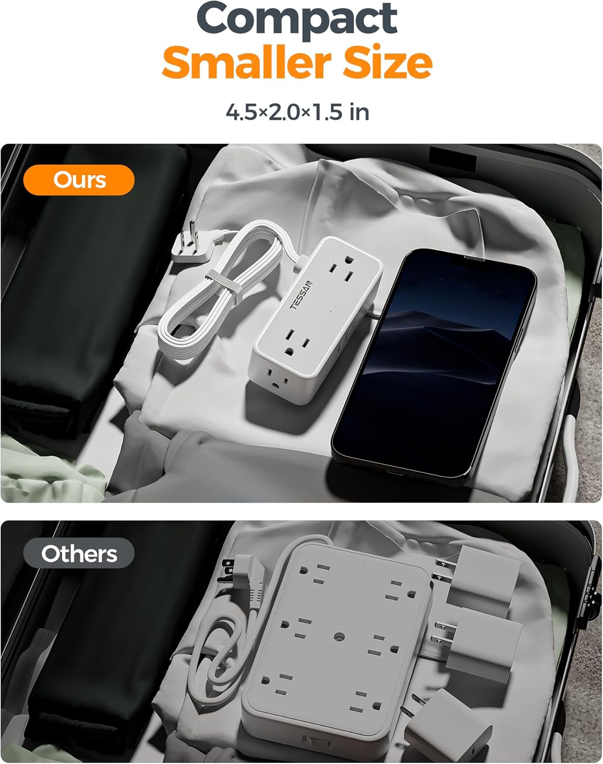 Flat Plug Extension Cord 10 FT, TESSAN Surge Protector Power Strip with 4 AC Outlets 1 USB C and 2 USB A Ports, 900 Joules Protection, Multiple Wall Outlet Extender Suitable for Home Office Dorm