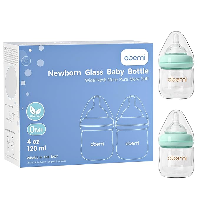 Glass Baby Bottles,Anti Colic Breastfeeding Bottle with Natural Response Nipple Size S,Wide Neck Slow Flow Baby Bottle for Baby,Newborn,Preemie 0-3 0-6 Month,BPA Free (Blue, 2 Pack, 4 Ounce)