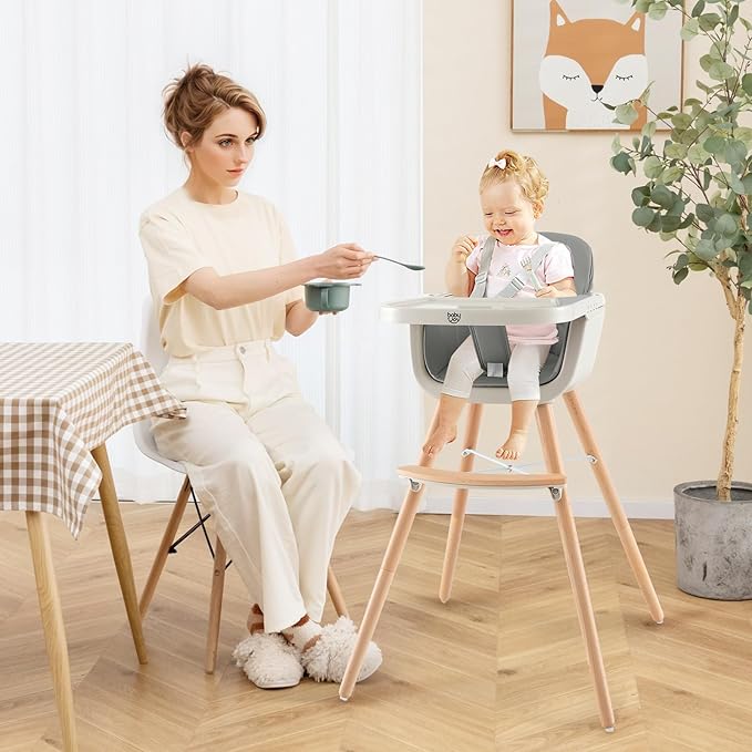 BABY JOY Convertible Baby High Chair, 3 in 1 Wooden Highchair/Booster/Chair with Removable Tray, Adjustable Legs, 5-Point Harness, PU Cushion and Footrest for Baby, Infants, Toddlers (Gray)