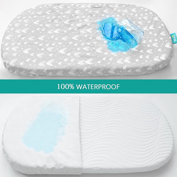 Waterproof Bassinet Sheets Fit for Miclassic, Baby Delight, TCBunny, Milliard, Dream On Me Traveler/Skylar and Other Bedside Sleeper Bassinet Mattress, 100% Organic Cotton, White Grey Print for Baby
