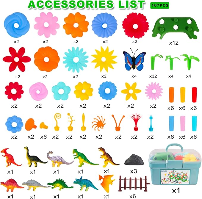 Toys Gifts for Toddlers Boys Girls Age 2 3 4 5 6,167 PCS Dinosaur Flower Garden Building Blocks,STEM Fine Motor Skill Stacking Games,Christmas First 1st Birthday Gifts for Preschool Kids 2+ Years Old