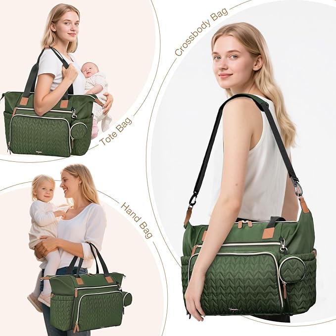 Diaper Bag Tote, Large Baby Diaper Bags Waterproof, Hospital Bag for Labor Delivery with Pacifier Case, Changing Pad, Shoulder Strap, Dark Green