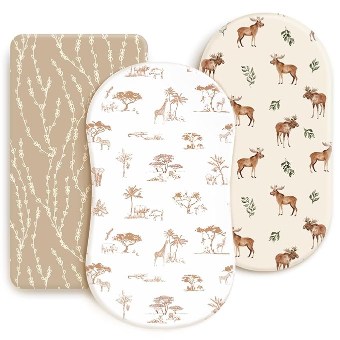 GRSSDER Stretchy Ultra Soft Fitted Bassinet Sheets 3 Pack, Universal Fit for Baby Cradle Moses Basket Oval Rectangle Mattress Safe and Snug, Free Animals Stylish Print