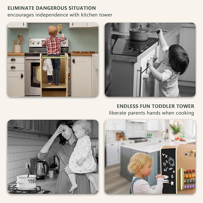 Wooden Toddler Tower Adjustable Height Step Stool, Toddler Kitchen Stool Helper with 8 Fun Learning Activities (Chalkboard, Slide, Bead Maze, Xylophone)