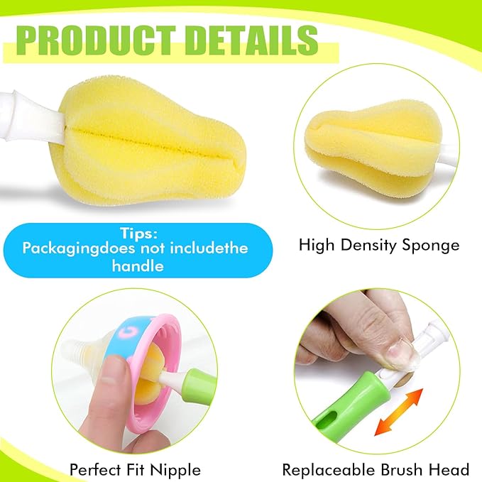 INVODA Nipple Brush Replacement Heads 8PCS Sponge Bottle Brush Head Baby Bottle Nipple Cleaner Detachable Nipple Brush Refill Replacement Head (Yellow)