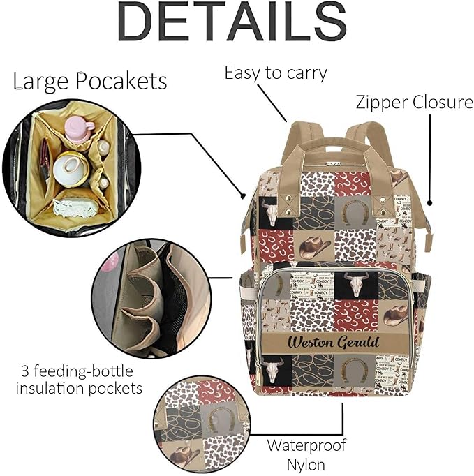 Custom Western Cowboy Baby Diaper Bag with Name – Personalized Nursing Travel Tote Backpack for Mom or Dad, Custom Name Baby Daypack Gift