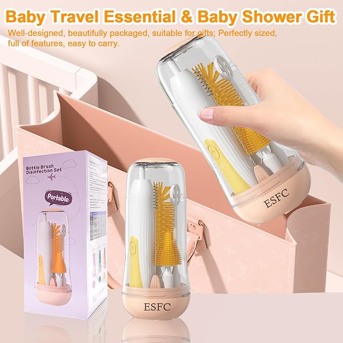 Portable Electric Baby Bottle Brush Set with Electric Bottle Brush,Nipple/Straw Brush,Milk Frother and Drying Base,Waterproof IPX7,Rechargeable Travel Bottle Cleaning Kit,Yellow