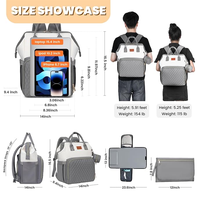Baby Diaper Bag Backpack with Changing Pad, Pacifier Case, for Boy Girl Toddler - Large, Stylish, Waterproof Travel Quilted Diaper Bag for Mom - Gray/White