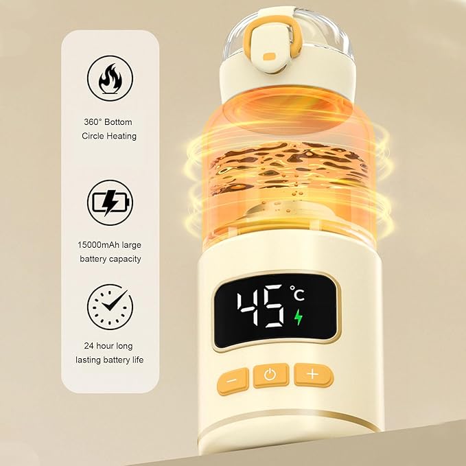 Portable Bottle Warmer, 15000mAh Battery Adjustable Temperature Rechargeable Cordless Baby Milk Warmer for Travel Outdoor Use