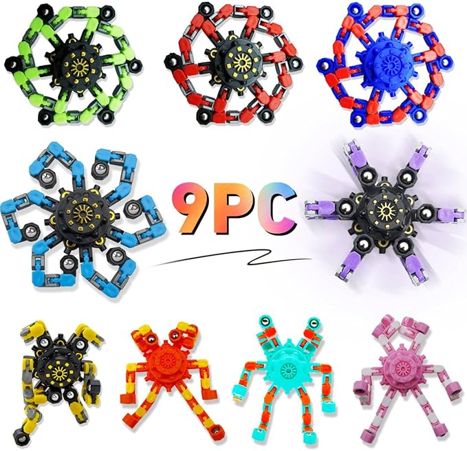 Transformable Fidget Spinners,Funny Stress Relief Sensory Fidget Toys,Deformable Chain DIY Robot Fingertip Gyros Toys Birthday Party Favors Easter Basket Stocking Stuffers for Kids and Adults (9PC)